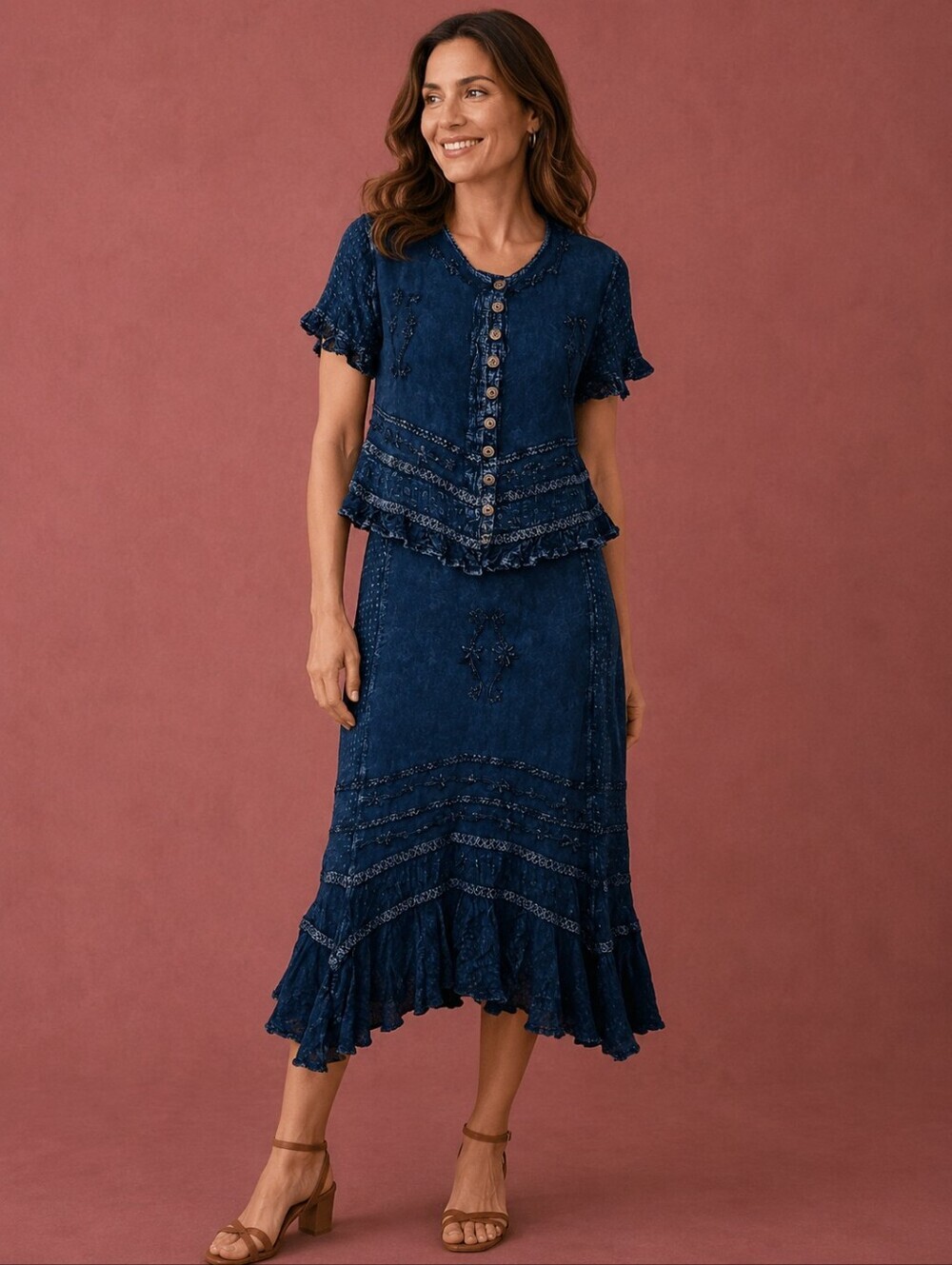 Vtg THE COUNTER 1980s Navy Blue Stone Wash Beaded Ruffle Two-piece Dress Set